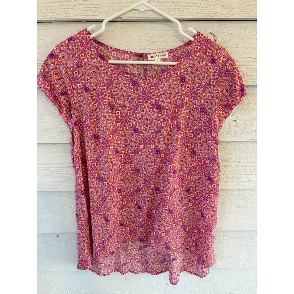 Artisanny Pink Orange Paisley Boho Blouse Size Large Lightweight Rayon Top